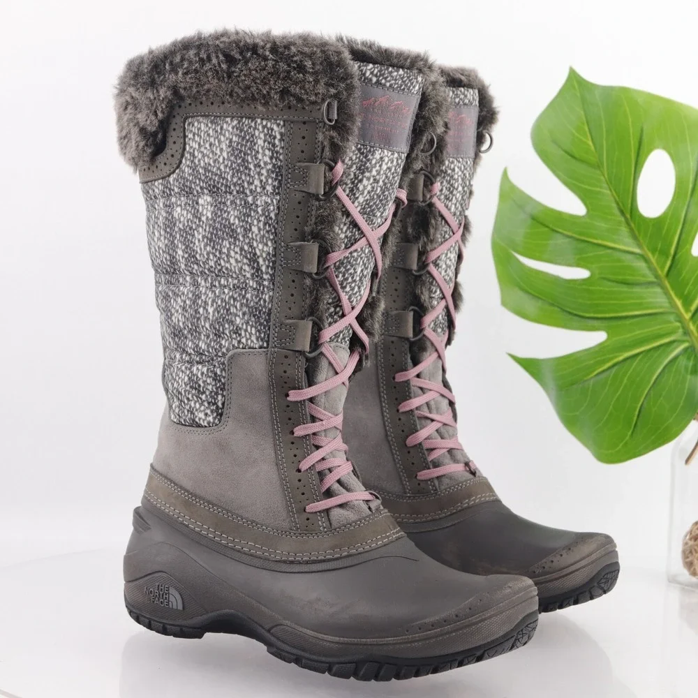 The North Face Womens Shellista Boots Size 8 Tall Waterproof Gray Lace Up Furry